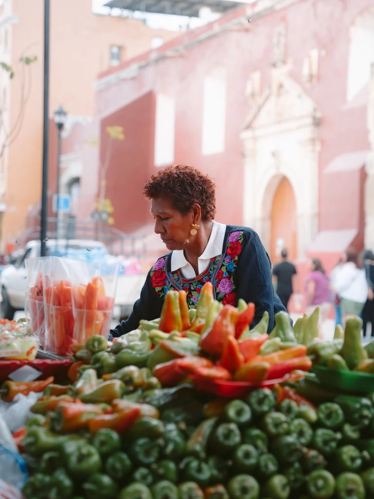 Mercado tradicional oaxaqueño al amanecer, con variedades de maíz criollo